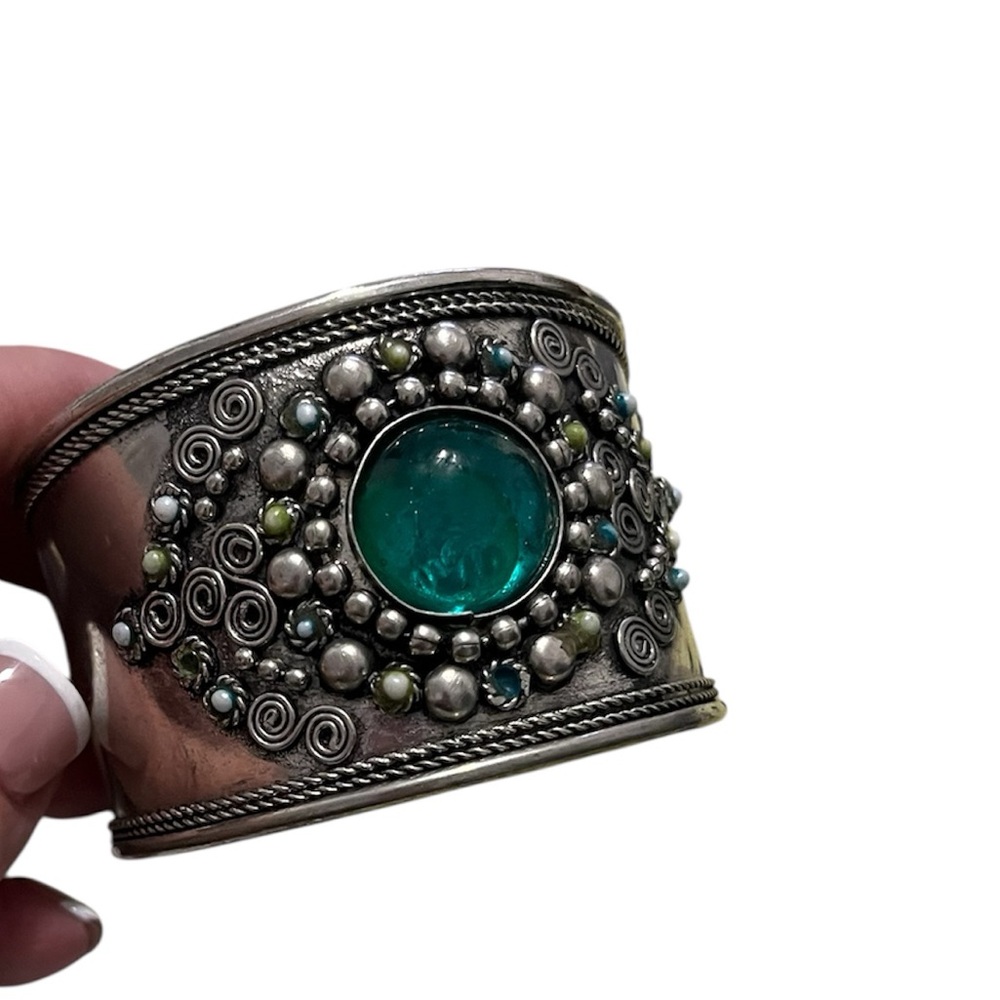 Bohemian Statement Cuff with Teal Glass Center Stone
